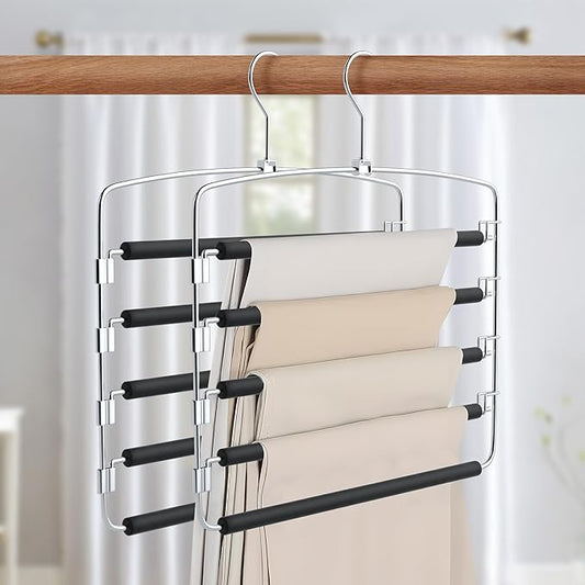 Pants Hangers Space Saving, 2 Pack Anti-Slip Space Saving Hangers, 5 Layer Swing Arm Pants Hanger Stainless Steel with Non-Slip Padding, Closet Organizers & Storage for Pants Trousers Jeans