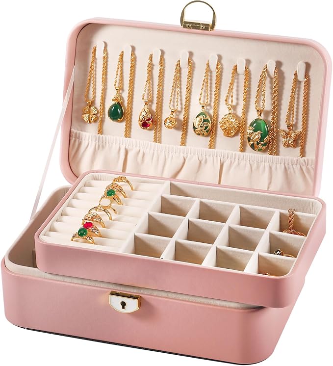 Travel Jewelry Case With Lock, 2-Layer PU Leather Jewelry Box for Women, Ring Box and Jewelry Organizer, Large Jewelry Travel Case,Best Gifts for Women for the Holidays(Pink)