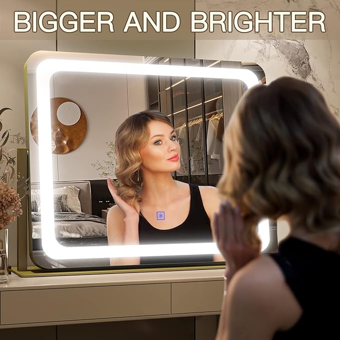 FENNIO Gold Vanity Mirror with Lights 22"x19", LED Lighted Makeup Mirror, Large Makeup Mirror, Make up Mirror with Lighting,Touch Screen with 3-Color Lighting,Dimmable,for Vanity Desk Tabletop