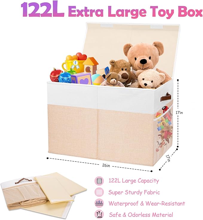 Large Toy Storage Box with Lid, Collapsible Sturdy Toys Storage Organizer Chest Bin Basket with Divider for Kids, Boys, Girls, Closet, Playroom, Bedroom, Nursery, 26"x17"x17" (Beige and White)