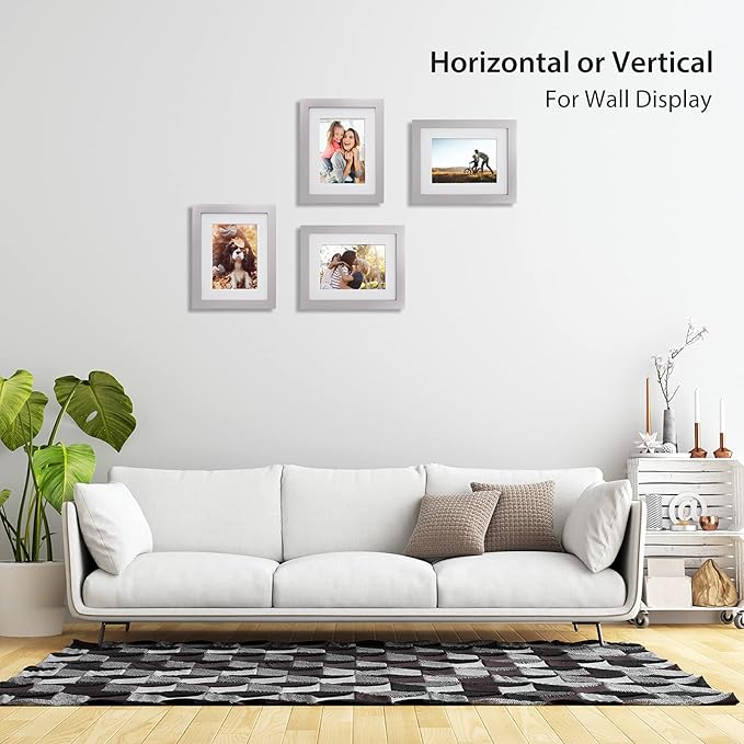 KINLINK 6x8 Picture Frame Light Grey, Solid Wood Frames with Acrylic Plexiglass for Pictures 4x6 with Mat or 6x8 without Mat,Tabletop and Wall Display Photo Frame, Set of 4