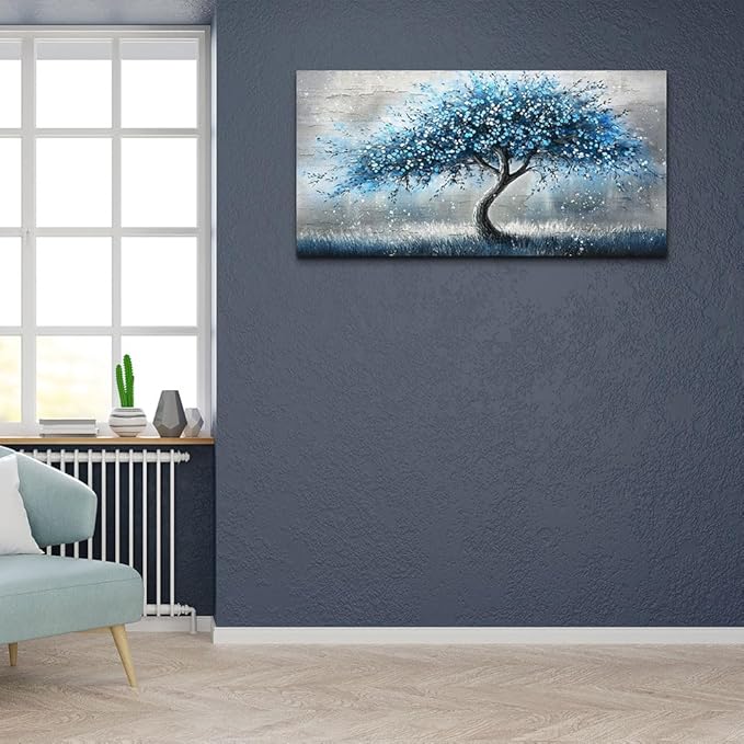 hyidecorart Wall Art For Living Room Wall Decor For Bedroom Abstract Canvas Painting Blue Tree Pictures Large Panoramic Landscape Artwork Office Decorations Modern Posters Ready To Hang Home Decor