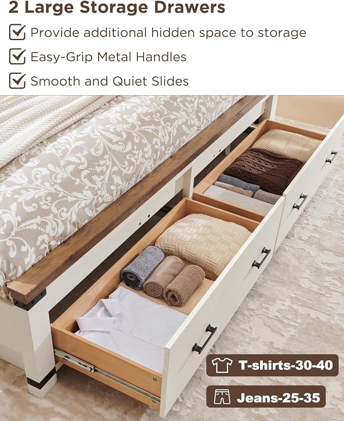 T4TREAM Farmhouse King Size Bed Frame with 54" Tall Geometric Headboard & 2 Large Storage Drawers, Rustic Wood Platform Bed with Wood Slats Support, No Box Spring Needed, Antique White