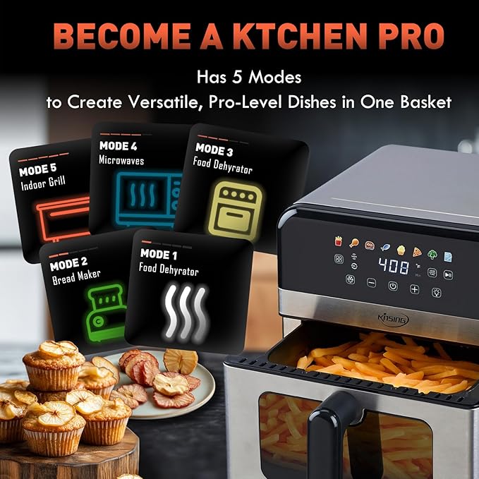 Air Fryer with Window Visible 8-in-1,Compact & Large 7.5-Qt,Up to 85% Less Oil,Roast, Bake, Dry, Reheat, Frozen, Broil,160-400℉ Even Results With Precise Temperature Control,Whole Metal Cover