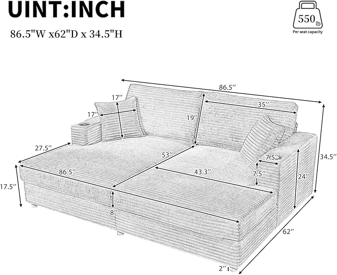 Merax 86.5" W*62" L Oversized Sleeper Sofa Bed, Corduroy Upholstery Sectional Couch Loveseat Chaise Lounge with 2 Throw Pillows, USB Ports, Cup Holders for Living Room and Bedroom, Blue