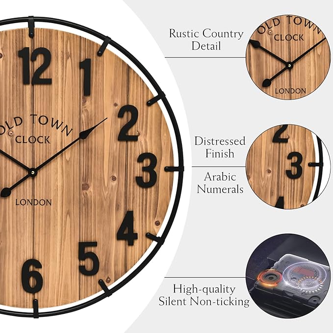 Large Old Town Farmhouse Wall Clock 20 Inches - Rustic Antique Wood with Metal Circle and Large Numerals Silent Battery Operated Wall Clock for Office Kitchen Bedroom Living Room