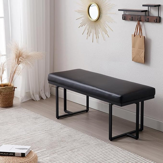 45" Modern Ottoman Bench for Bedroom, Black Faux Leather Upholstered Entryway Bench with Soft Cozy Cushion End of Bed Bench Kitchen Bench with Black Metal Frame for Living Room/Window/Hallway