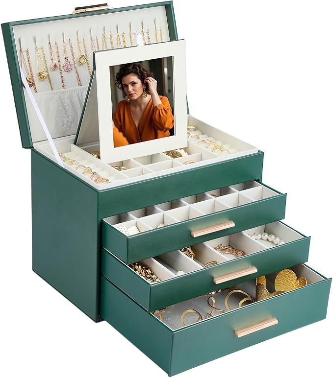 BOOVO Jewelry Boxes for Women, 5 Layer Jewelry Organizer with Necklace Hanger and Drawers, Large Jewelry Box for Earrings, Necklace and Bracelet Storage Gifts for Women and Girls (Green, 5 Layer)