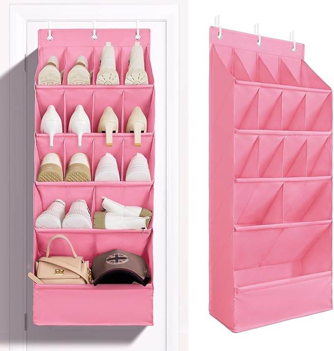 FENTEC 1 Pack Over-the-Door-Shoe-Organizers, Hanging Shoe Organizers with Large Pocket Shoe Holder Hanging Shoe Rack for Closet Shoe Organizer for Wall, Over Door Organizer with 15 Pockets Pink