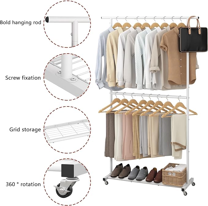 Sywhitta Double Rod Clothing Garment Rack, Rolling Coat Hanger with Bottom Mesh, Clothing Rack for Hanging Clothes, Coats, Skirts, Sweaters, White