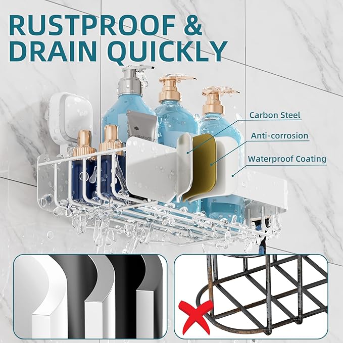 TAILI Shower Caddy Suction Cup 2 Pack,Stainless Steel Rustproof Shower Shelves,No Drilling Wall Mounted Basket,Large Capacity,Removable Suction Cup Bathroom Organizers & Home Decor, White