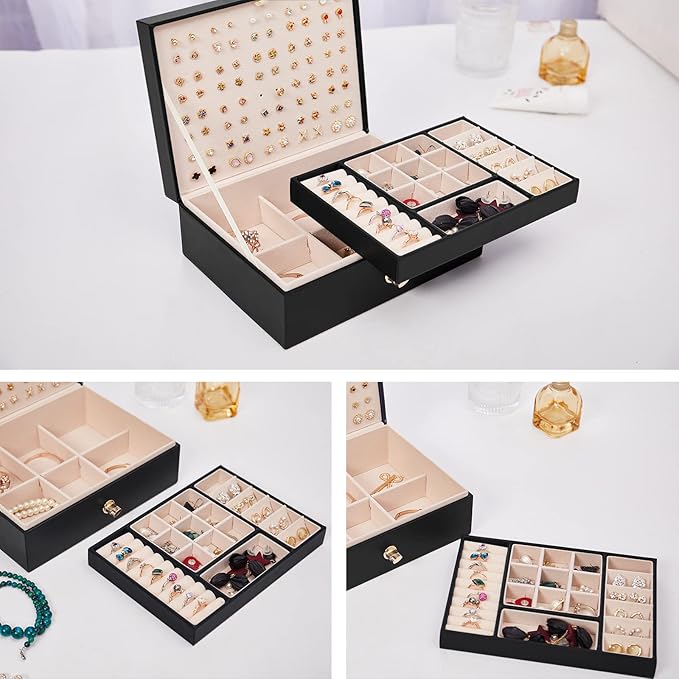 Jewelry Box Organizer for Women, Earring Organizer Box with PU Leather for Birthday Christmas and Theme Party Gifts-Black