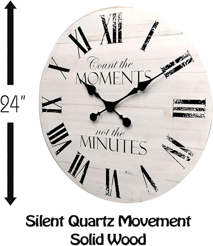 24 Inch Inspritional Silent Quartz Clock,White Distressed Shiplap Farmhouse Wooden Wall Clocks for Indoor Decor