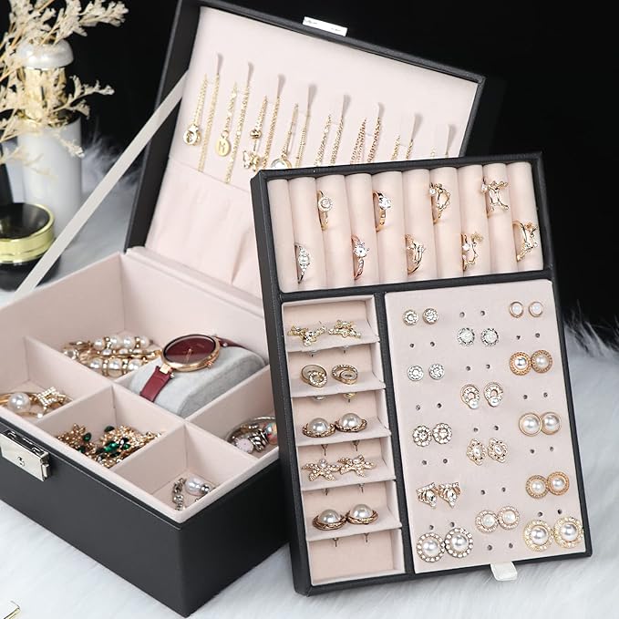 Jewelry Box for Women Girls, 2 Layers Jewelry Organizer Container with Lock, PU Leather Storage Case with Removable Tray, Jewelry Display Box for Necklaces Earrings Bracelets Rings Watches - Black
