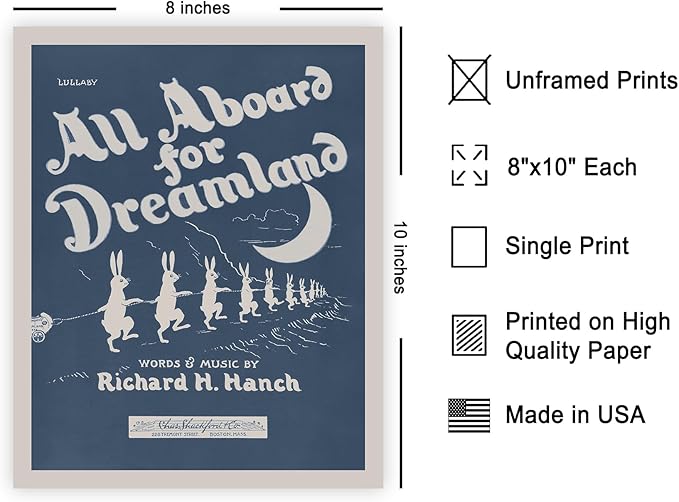 Poster Master All Aboard For Dreamland Poster - Retro Children's Lullaby Print - Story Book Art - Bunny Art - Rabbit Art - Aesthetic Art - Kid's Bedroom or Nursery Wall Decor - 8x10 UNFRAMED Wall Art