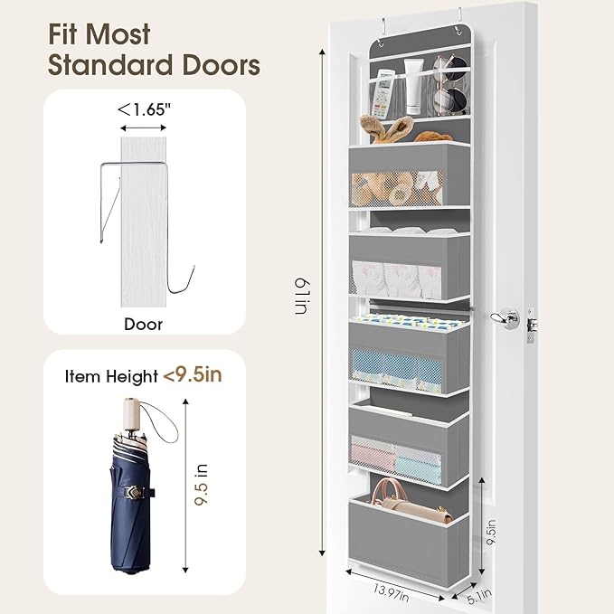 6-Tier Over The Door Organizer, Hanging Storage Organizer with Clear Window, 40lb Ultra Sturdy Large Capacity Room Organizer for Pantry Bathroom Nursery Closet Baby Essential (Grey)