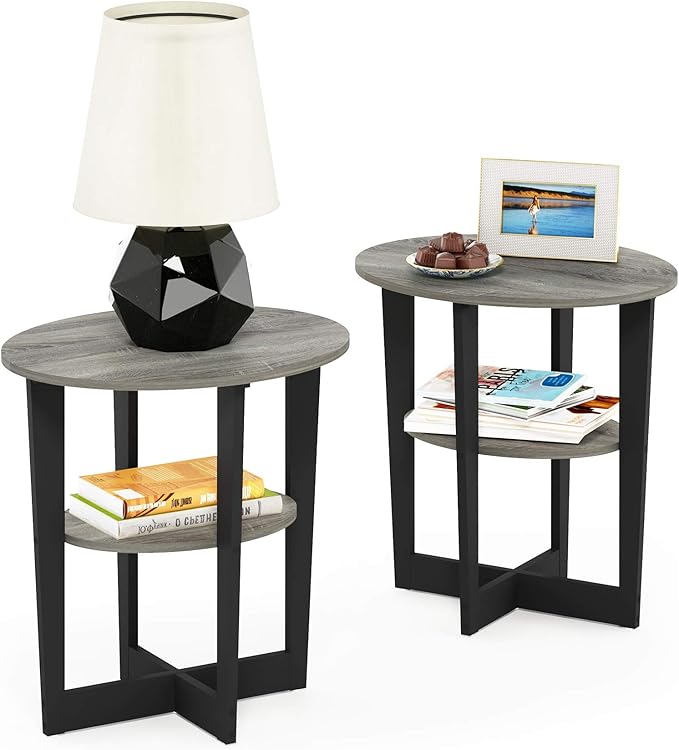 Furinno JAYA Oval End Side Night Stand/Bedside Table, 2-Pack, French Oak Grey/Black