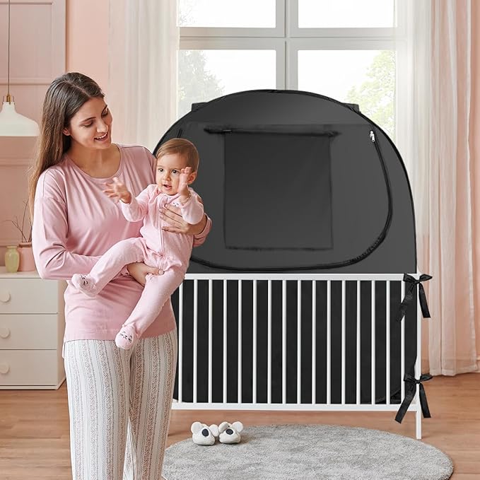 Crib Blackout Cover, Breathable Blackout Crib Cover to Block 90% of Light, Portable Crib Tent Blackout for Baby Better Napping or Sleeping