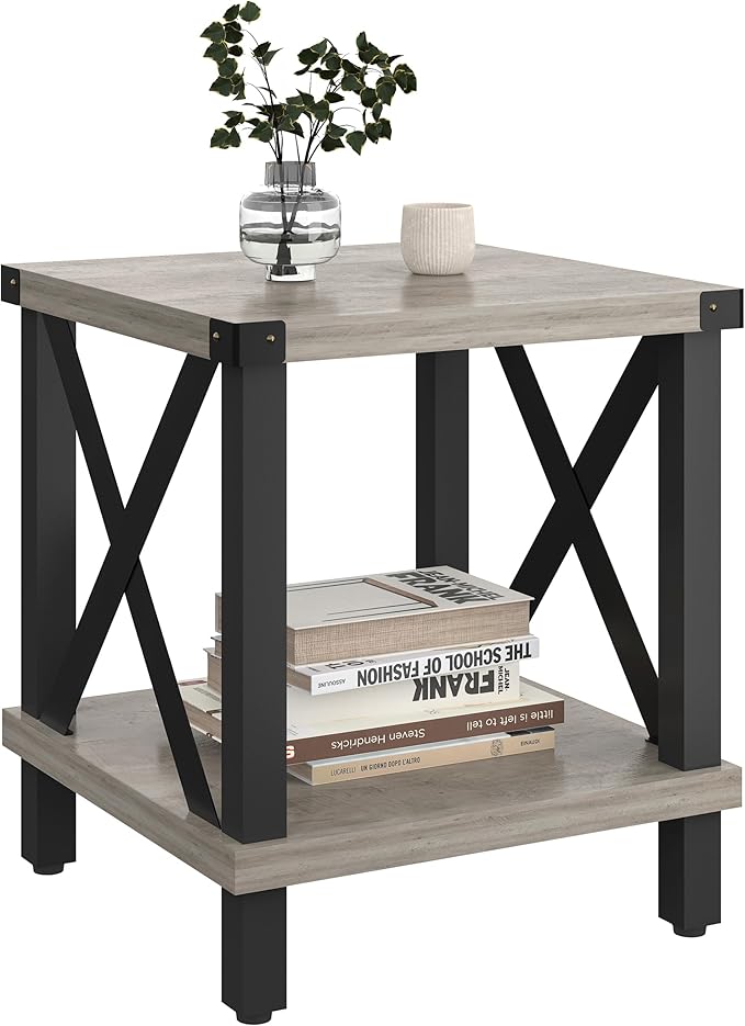 Large End Table Farmhouse Side Table Industrial Style Sofa Table Metal X Accent Wood Coffee Table NightStand with Storage Shelf for Living Room Bedroom Oak Grey MLBZ16Z