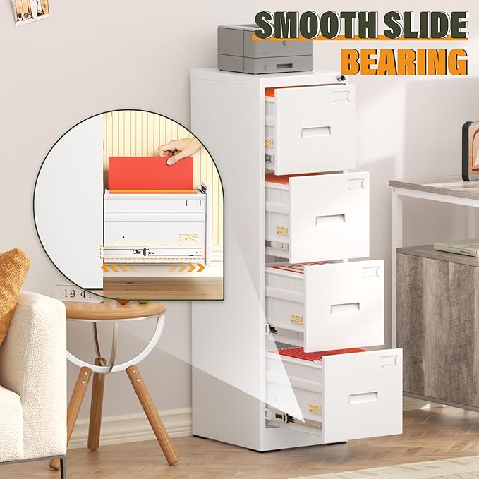 Greenvelly 4 Drawer File Cabinet with Lock, White Metal Vertical Filing Cabinet for Home Office Fit Legal/Letter/A4/F4 Size with Hanging Bars&Key