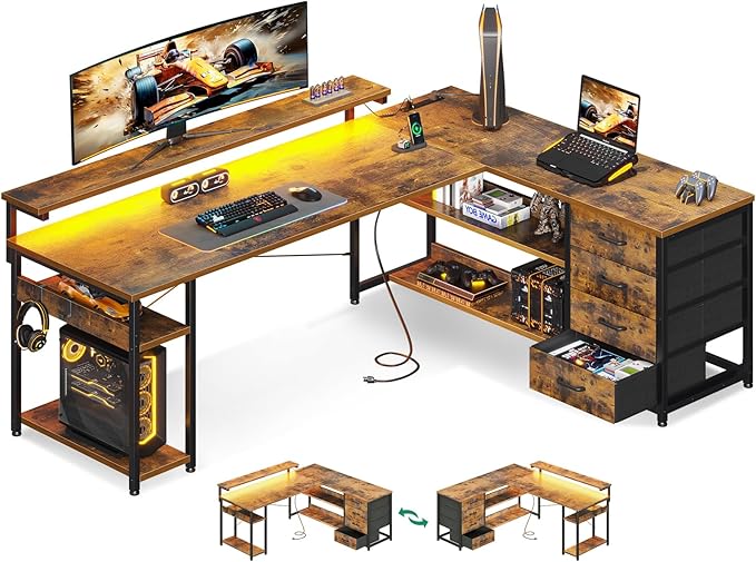 AODK 69" L Shaped Desk with Drawer, Computer Desk with Power Outlets & LED Lights, Reversible Corner Gaming Desks for Home Office Workstation, Office Table with Monitor Shelf, Vintage
