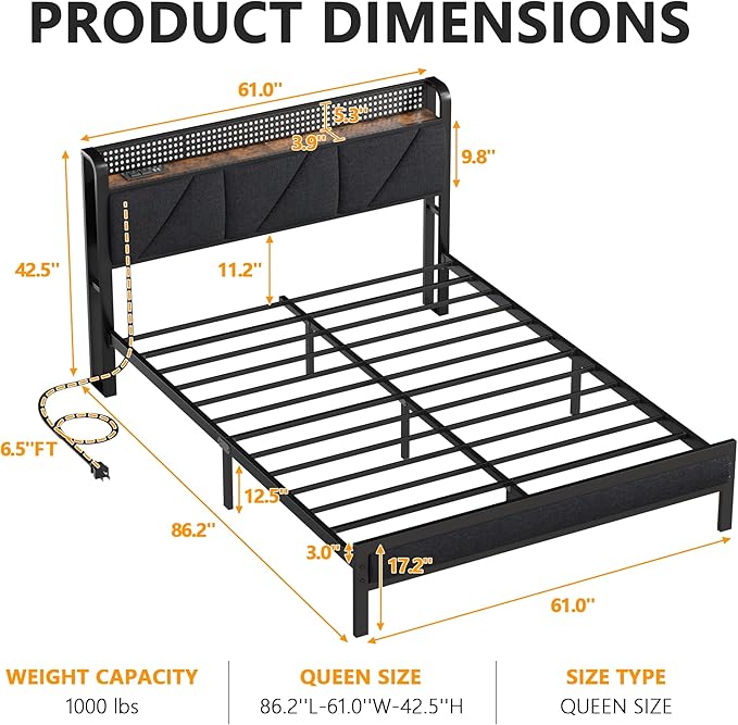 Furnulem Queen Size Bed Frame with Headboard and LED Lights, Upholstered Bedframe with Charging Station and USB Port, Platform Metal Bed Frames, No Box Spring Needed, Noise Free