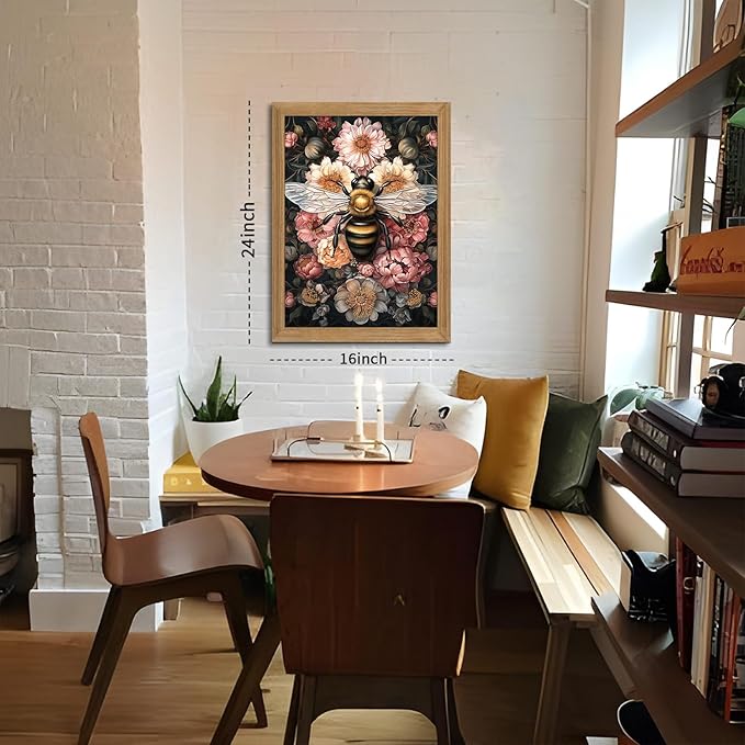 Framed Vintage 3D Textured Wall Art - Dark College Bee Flowers Wall Decor - Hand Drawn Sandstone Nature Botanical Pictures for Living Room Bedroom Home Decor 16x24 inches