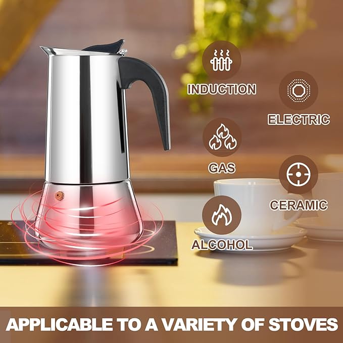 2 Cup Stovetop Espresso Maker Stainless Steel Moka Pot Stove Top Percolator Italian Coffee Makers Capable Mocha Greca Machine Cafe Classic Induction Cookers for Home and Camping 100ml 3.3oz