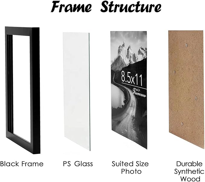 8.5x11 Picture Frames Set of 3, Shatter-Resistant Glass Display Certificate or Pictures 8.5 by 11,To Wall and Tabletop Mounting, black.