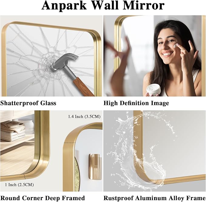 Rectangle Mirror Full Length 21" x 64" Large Floor Mirror Gold Metal Frame Wall Mounted Hanging Mirror for Home Decor Leaning Wall Full Body Dressing Mirror for Closet Bathroom Bedroom