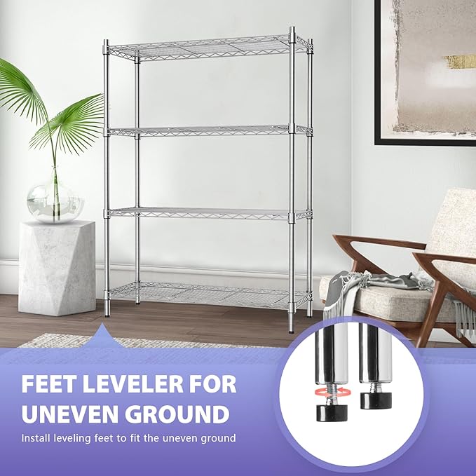 PayLessHere Shelves Shelf Storage Shelves 4 Tier Height Adjustable Shelving Unit NSF Certified 1000 lbs Total Load Capacity Stabilizing Leveling Feet Effortless Assembly (Chrome)