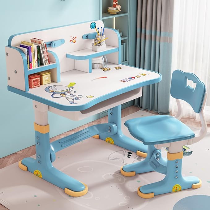 Desk and Chair Set,Kids Widened Desktop Cartoon Pattern Desk Chair Set Children Study Desk Height Adjustable Children School Study Desk School Home Study Table with Drawer Chair