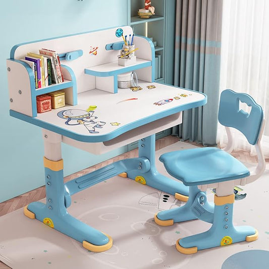 Kids Adjustable Study Desk & Chair Set w/Storage,Drawers,Bookshelf,Child Toddler Writing Homework Table,Little Girl Work Computer Desk,Princess Preschool Desk,Escritorio Mesas para Niña (Blue)