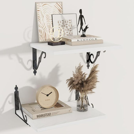 Deep Floating Shelves, 16" W x 12" D Wall Shelves Set of 2, Wide Display Shelf Wall Mounted with Brackets, Bookshelf for Living Room, Bathroom, Bedroom, White