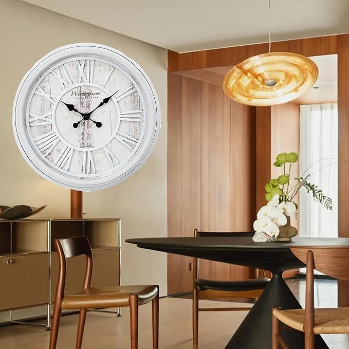20 Inch Farmhouse Wall Clock, Vintage Wood Silent Non-Ticking, Battery Operated Retro Round Decorative Clock for Kitchen, Living Room, Bedroom,Office,Grey White