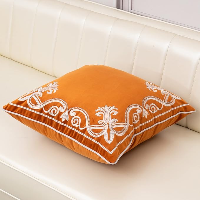 Aeckself European Floral Pillow Cover 20x20 Inch, Luxury Velvet Embroidered Decorative Throw Pillow Cover for Couch Bedroom Living Room, Burnt Orange and White