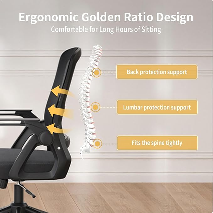 naspaluro Ergonomic Office Chair | Mesh Back, Flip-Up Arms, Lumbar Support | Adjustable Height & Tilt Swivel – Comfortable Desk Chair for Home Office, Study, Work – Black