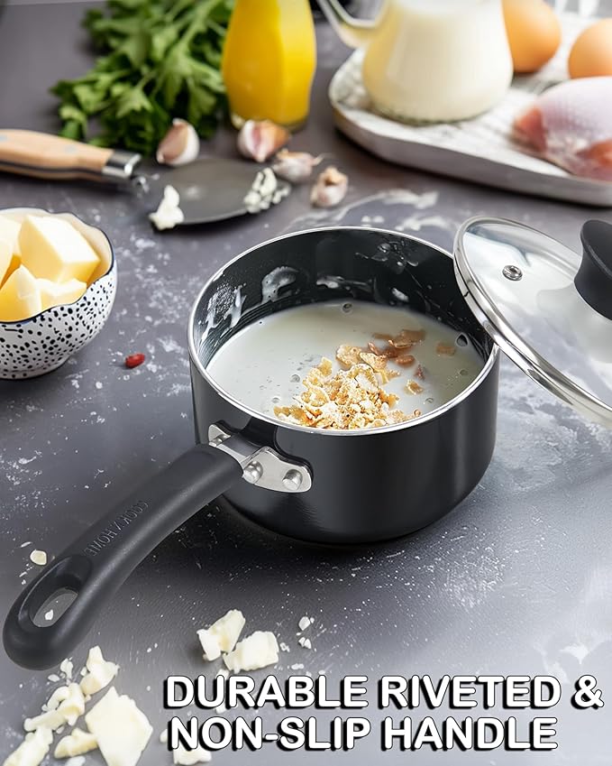 Cook N Home Nonstick Sauce Pan Set 1Qt and 2Qt, Multi-purpose Pots Set Saucepan Kitchenware with Glass Lid, Black, Aluminum