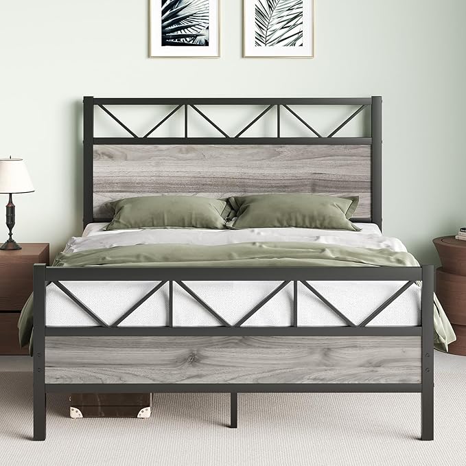 Bed Frame Queen Size, Queen Bed Frames with 51.2" Tall Industrial Headboard, Queen Platform Bed Frame with Strong Steel Slats Support, Noise Free, No Box Spring Needed, Easy Assembly, Rustic Brown