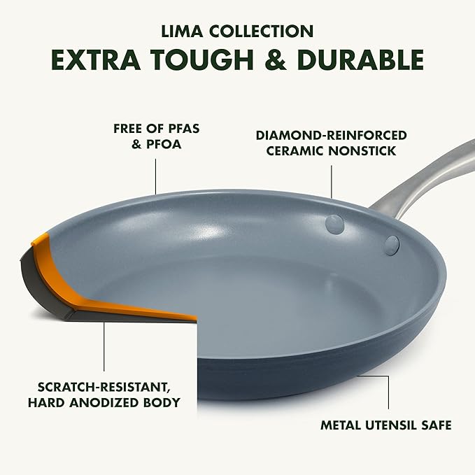 GreenPan Lima Ceramic Hard Anodized 8" Frying Pan Skillet Nonstick, PFAS/PFOA-Free Nontoxic Pots and Pans, Oven & Broiler Safe, Stainless Steel Handle, Cookware for Eggs & Omelet, Gray (Pack of 2)