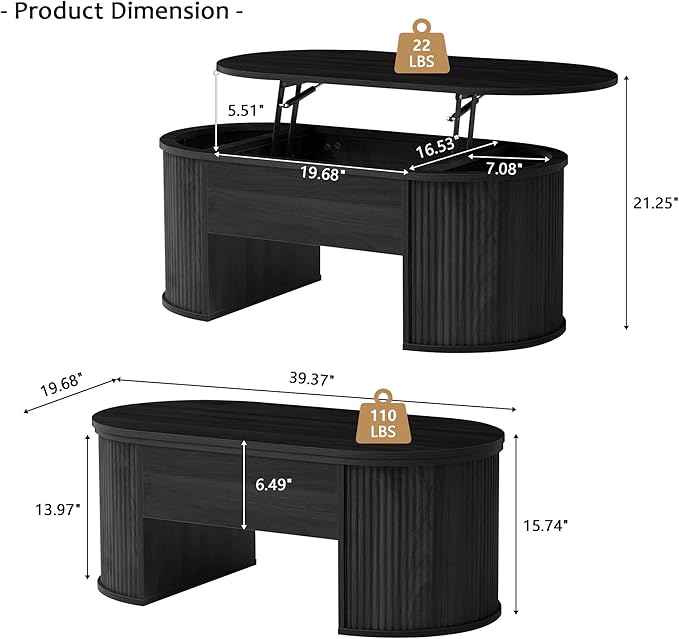 QHITTY Fluted Coffee Table with Lifting Top, Oval Wood Lift Top Coffee Table with Hidden Compartment, Mid Century Pull up Center Tables for Living Room, Office - Black
