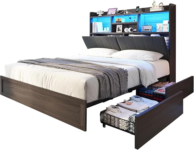 King Farmhouse Bed Frame with Bookcase Headboard and 4 Drawers, LED Storage Bed with Charging Station & Linen Upholstered, No Box Spring Needed,Black