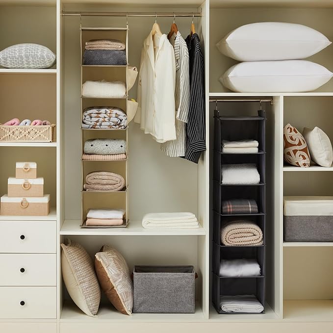 YOUDENOVA Hanging Closet Organizer, 6-Shelf Closet Hanging Storage with Side Pockets, Beige