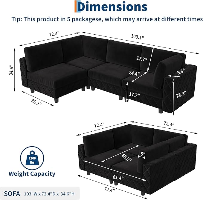 134" Modular Sectional Sofa, 4-Seat Cloud Couch with High-Density Cushions, L-Shaped Velvet Upholstered Sofa for Living Room and Apartment, Black