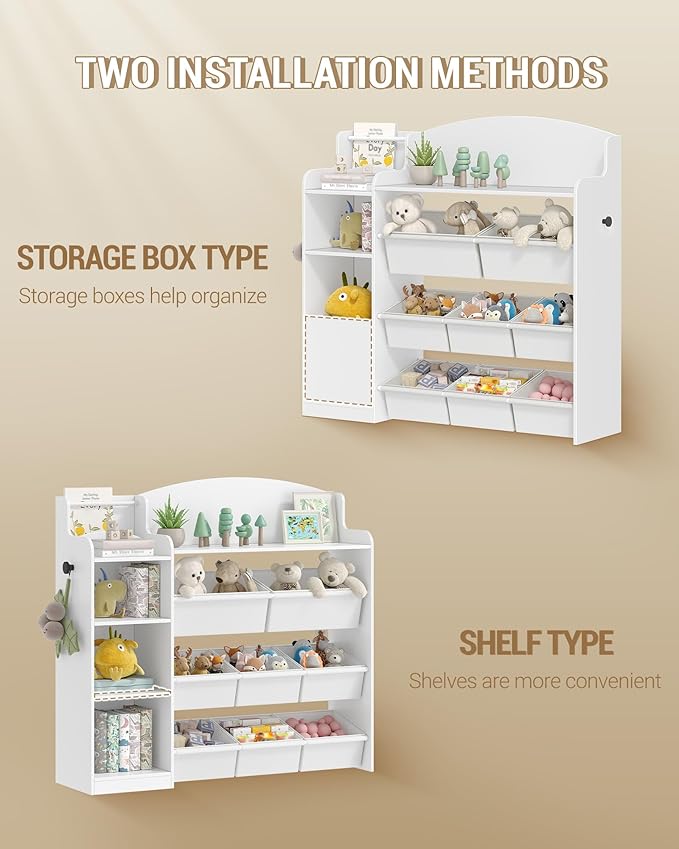 Toy Storage Organizer, Toy Shelf with 8 Storage Bins, Playroom Storage, Kids Bookshelf, 4-Tier Toddler Bookshelf for Children's Room, Bedroom, Living Room, Study Room, Nursery White KB42003W