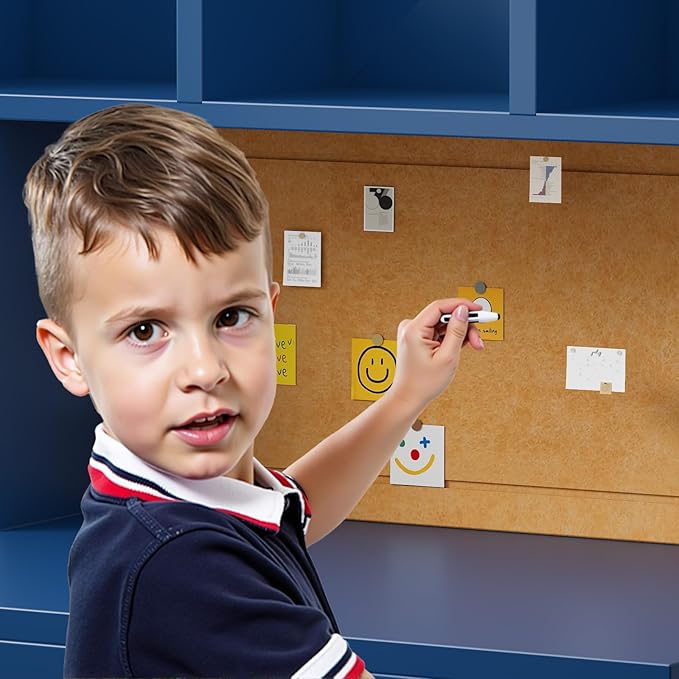 Blue Wooden Kids Desk and Chair Set,Kids Study Table and Chair Set with 4 Storage Open Shelves,Kids Study Desk with 2 Drawers & 4 Cabinet,Girls Study Desks for Kid with Hutch for Bedroom-4VhsXU