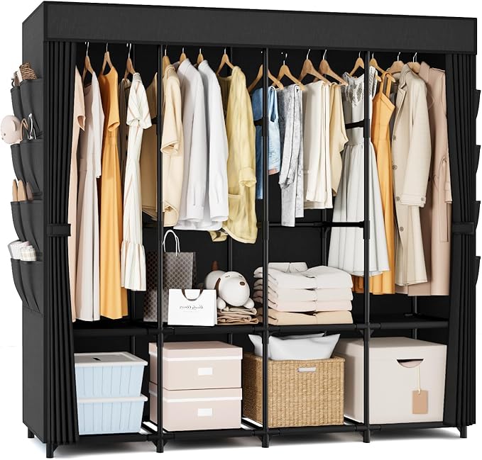 Portable Closet for Hanging Clothes, 67 Inch Wide Portable Wardrobe Closet with Cover, 4 Hanging Rod, Storage Shelves and Side Pockets, Large Free Standing Closet for Bedroom, Black