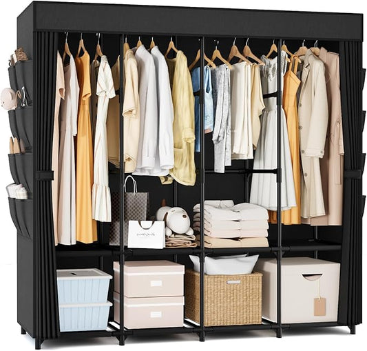 Portable Closet for Hanging Clothes, 67 Inch Wide Portable Wardrobe Closet with Cover, 4 Hanging Rod, Storage Shelves and Side Pockets, Large Free Standing Closet for Bedroom, Black