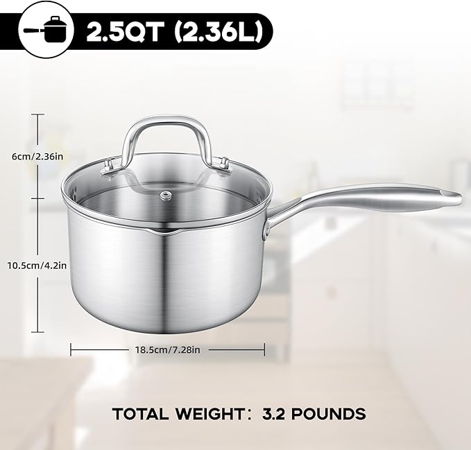 Leetaltree 2.5 Quart Stainless Steel Saucepan with Glass Strainer Lid, Thicken Tri-ply Ful Body, Multipurpose Sauce Pot with Two-Size Drainage Holes Lid, Perfect For Boiling Gravies, Pasta, Noodles