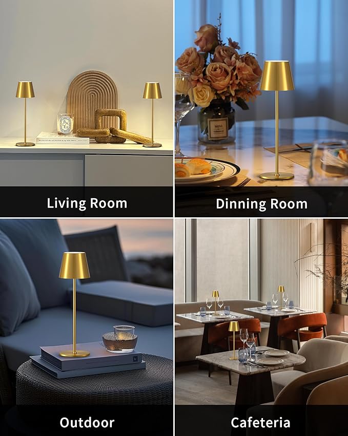 PUSU Cordless Rechargeable Table Lamp Set of 2, 4000mAh Battery Powered LED Desk Lamp, 3 Color Stepless Dimming Up, Portable Table Light Lamp for Bedroom Restaurant Outdoor (Gold)